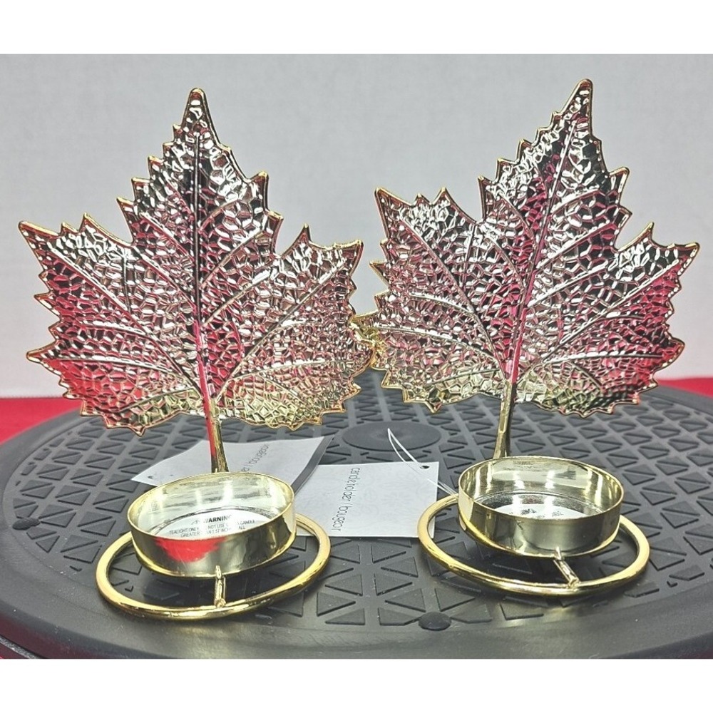 2 Gold Tone Leaf Shaped Metal Votive Candle‎ Holders New 4 Inch